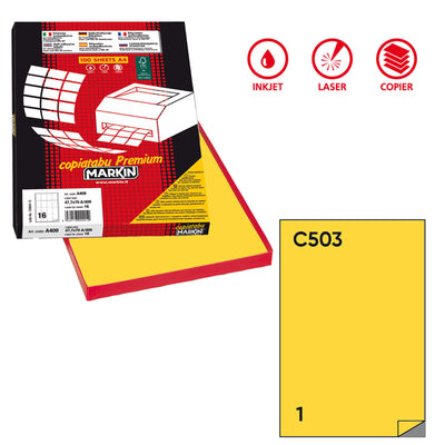 Etichette adesive C/503 - in carta - permanenti - 210 x 297 mm - 1 et/fg - 100 fogli - giallo - Markin