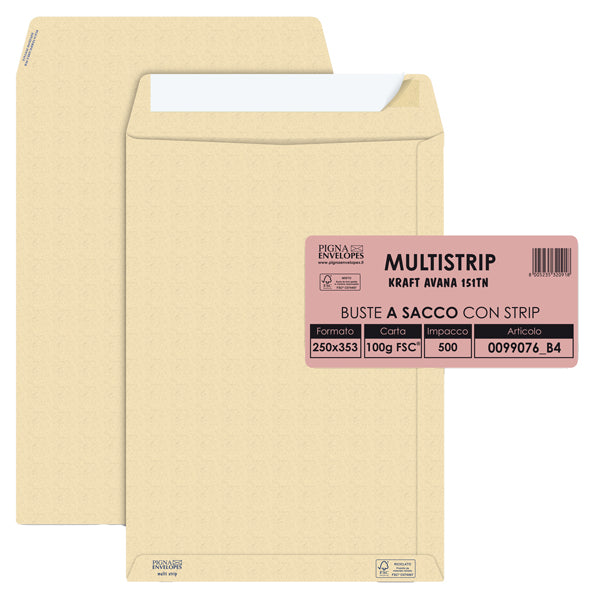 Busta a sacco Multi Strip - strip adesivo - 25 x 35,3 cm - 100 gr - carta riciclata FSC - avana - Pigna Envelopes - conf. 500 pezzi