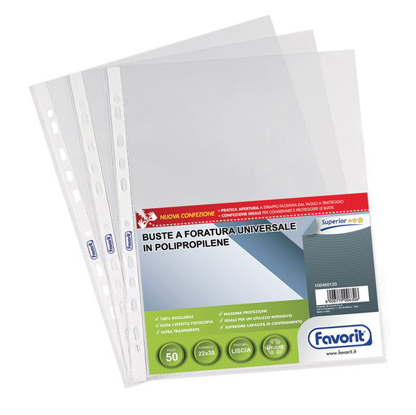 Buste forate Special PP - Superior - liscia - 22 x 30 cm - trasparente - Favorit - conf. 50 pezzi