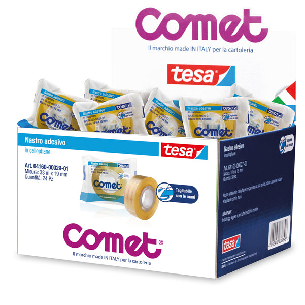 Nastro adesivo - confezionato singolarmente - 19 mm x 33 m - cellophane - trasparente - Comet