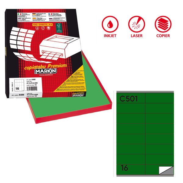 Etichette adesive C/501 - in carta - permanenti - 105 x 36 mm - 16 et/fg - 100 fogli - verde - Markin