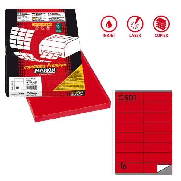 Etichette adesive C/501 - in carta - permanenti - 105 x 36 mm - 16 et/fg - 100 fogli - rosso - Markin