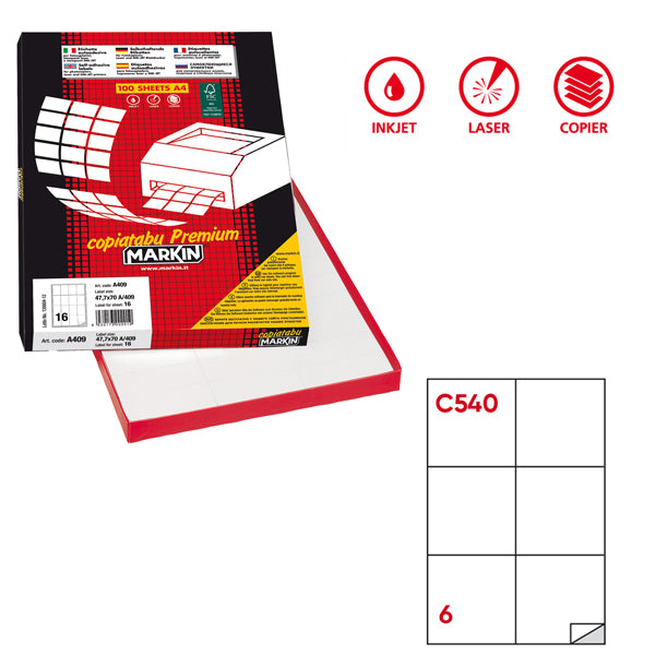 Etichette adesive C/540 - in carta - permanenti - 105 x 99 mm - 6 et/fg - 100 fogli - bianco - Markin