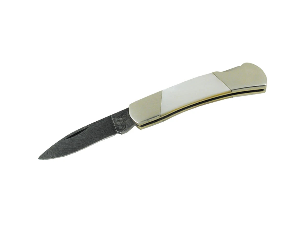 Bear MGC Damascus Folder 825D lama drop point damascata 5 cm manico madreperla liners ottone totale 13,5 cm