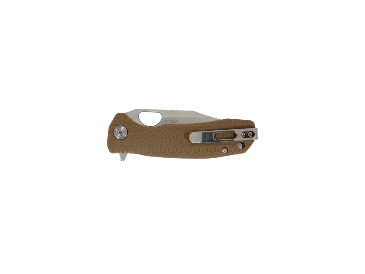 Honey Badger Clip Point Small HB4076 tan, dettaglio manico FRN e flipper