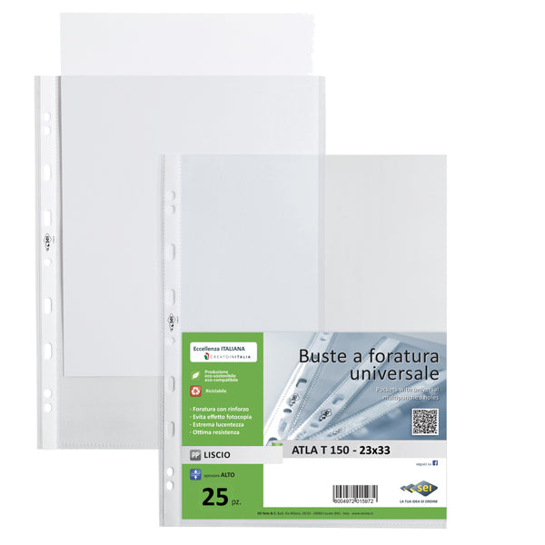 Buste forate Atla T - pesante - liscio - 23 x 33 cm - trasparente - Sei Rota - conf. 25 pezzi