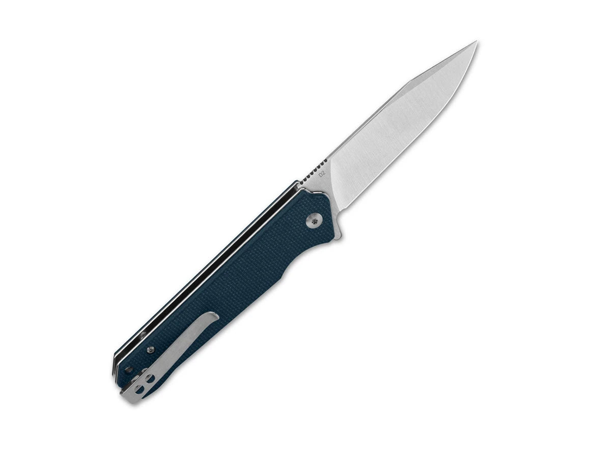 Dettaglio lama D2 satin coltello QSP Mamba V2 blu