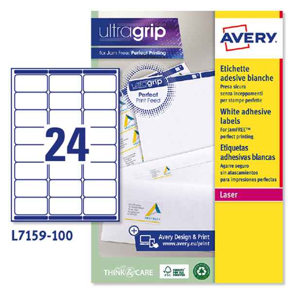 Etichette adesive L7159 - in carta - angoli arrotondati - laser - permanenti - 63,5 x 33,9 mm - 24 et/fg - 100 fogli - bianco - Avery