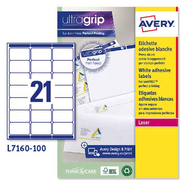 Etichette adesive L7160 - in carta - angoli arrotondati - laser - permanenti - 63,5 x 38,1 mm - 21 et/fg - 100 fogli -  bianco - Avery