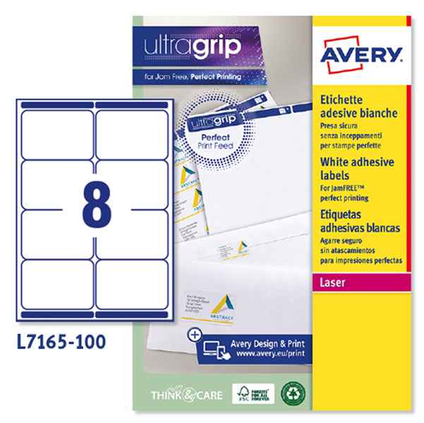 Etichette adesive L7165 - in carta - angoli arrotondati - laser - permanenti - 99,1 x 67,7 mm - 8 et/fg - 100 fogli - bianco - Avery