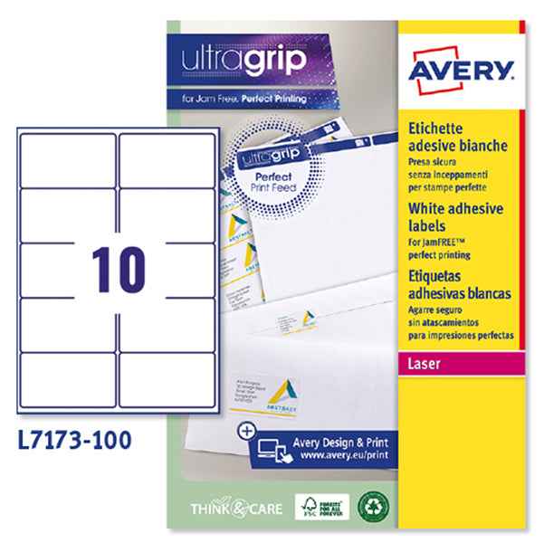 Etichette adesive L7173 - in carta - angoli arrotondati - laser - permanenti - 99,1 x 57 mm - 10 et/fg - 100 fogli - bianco - Avery