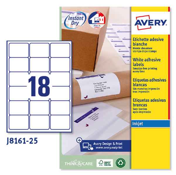 Etichette adesive J8161 - in carta - angoli arrotondati - inkjet - permanenti - 63,5 x 46,6 mm - 18 et/fg - 25 fogli - bianco - Avery
