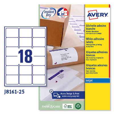 Etichette adesive J8161 - in carta - angoli arrotondati - inkjet - permanenti - 63,5 x 46,6 mm - 18 et/fg - 25 fogli - bianco - Avery