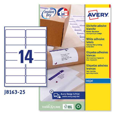 Etichette adesive J8163 - in carta - angoli arrotondati - inkjet - permanenti - 99,1 x 38,1 mm - 14 et/fg - 25 fogli - bianco - Avery