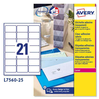 Etichette adesive L7560 - in poliestere - laser - permanenti - 63,5 x 38,1 mm - 21 et/fg - 25 fogli - trasparente - Avery