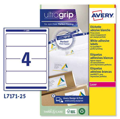 Etichette adesive L7171 - in carta - angoli arrotondati - permanenti - 200 x 60 mm - 4 et/fg - 25 fogli - bianco coprente - Avery