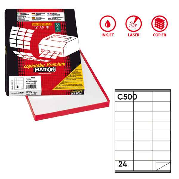 Etichette adesive C/500 - in carta - rimovibili - 70 x 36 mm - 24 et/fg - 100 fogli - bianco - Markin