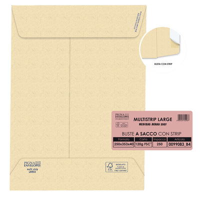 Busta a sacco Multi Strip Large - soffietti laterali - strip adesivo - 25 x 35,3 x 4 cm - 120 gr - carta riciclata FSC - avana - Pigna Envelopes - conf. 250 pezzi