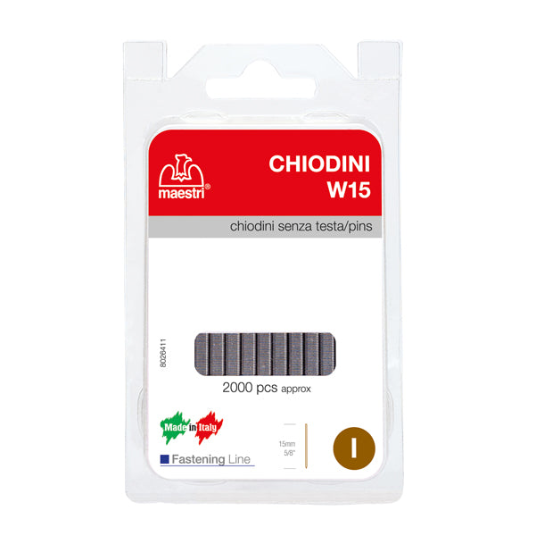 Chiodini W15 per fissatrici - senza testa - 15 mm - acciaio - Romeo Maestri - conf. 2000 pezzi