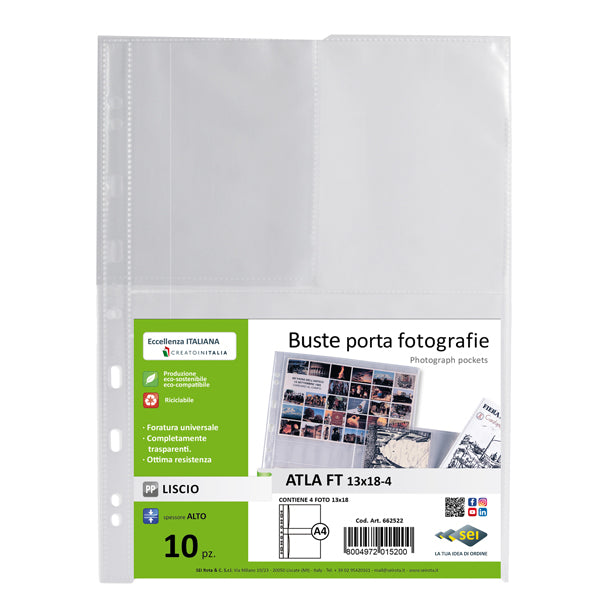 Buste forate Atla FT porta foto e cartoline - 4 spazi 13 x 18 cm - trasparente - Sei Rota - conf. 10 pezzi