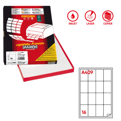 Etichette adesive A/409 - in carta - permanenti - 47,7 x 70 mm - 16 et/fg - 100 fogli - bianco - angoli tondi - Markin