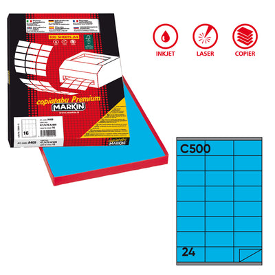 Etichette adesive C/500 - in carta - permanenti - 70 x 36 mm - 24 et/fg - 100 fogli - blu - Markin