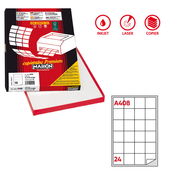 Etichette adesive A/408 - in carta - permanenti - 47,5 x 46,5 mm - 24 et/fg - 100 fogli - bianco - angoli tondi - Markin