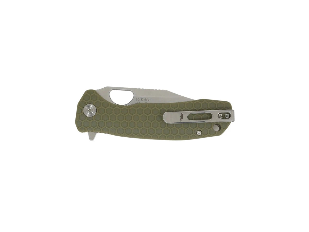 Honey Badger Clip Point Large HB4065 verde, dettaglio manico FRN e flipper
