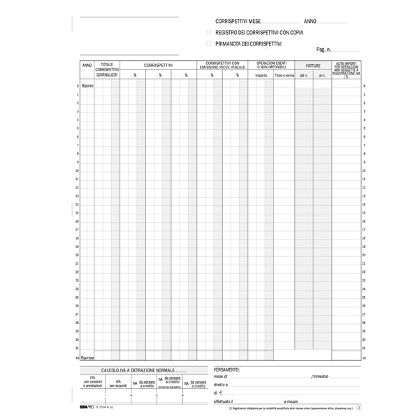 Registro prima nota Iva corrispettivi - 13/13 fogli autoricalcanti - 29,7 x 23cm - Edipro