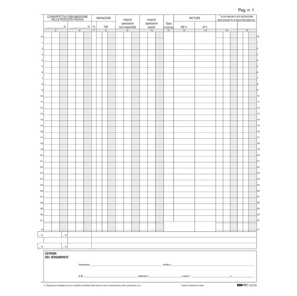 Registro Iva corrispettivi - 31 x 24,5cm - 15pg - numerate - Edipro