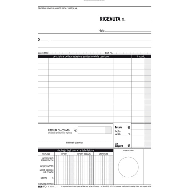 Blocco ricevute sanitarie numerate - 50/50 fogli autoricalcanti - 23 x 15cm - Edipro