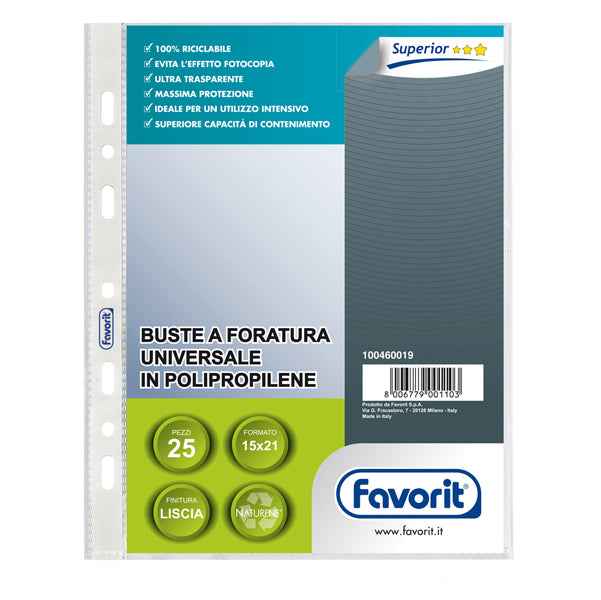 Buste forate Special PP - Superior - liscio - 15 x 21 cm - trasparente - Favorit - conf. 25 pezzi