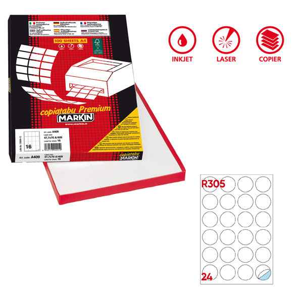 Etichette adesive R/305 - in carta - permanenti - tonde - diametro 40 mm - 24 et/fg - 100 fogli - bianco - Markin