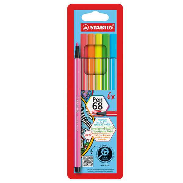 Pennarello Pen 68 - colori assortiti neon - Stabilo - astuccio 6 pezzi