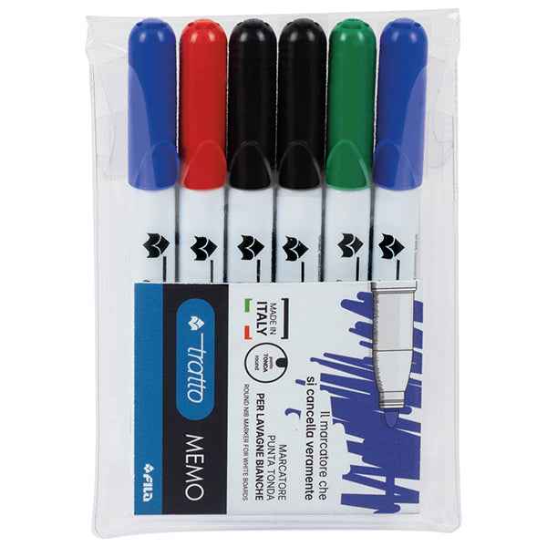 Pennarello Tratto Memo - a secco - per lavagne cancellabili - punta conica - tratto 2,5mm - astuccio 6 colori - Tratto