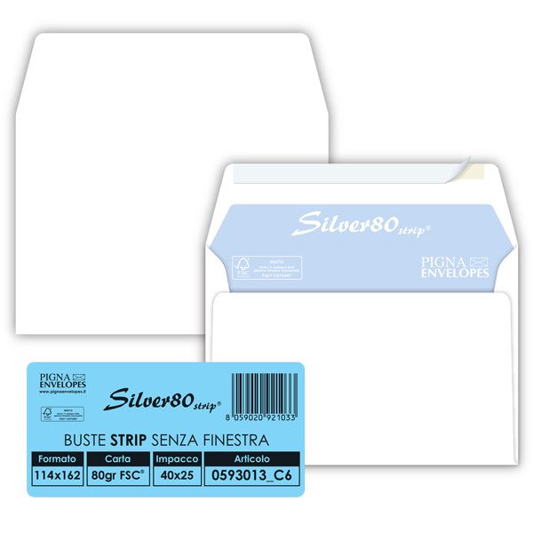 Busta Silver80 Strip FSC - internografata - senza finestra - 11,4 x 16,2 cm - 80 gr - bianco - Pigna Envelopes - conf. 25 pezzi