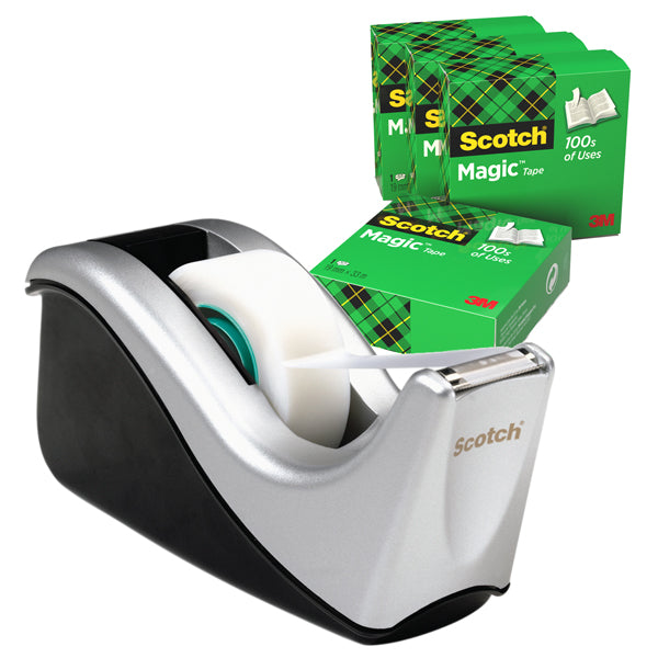 Dispenser C60 - per nastri 33 m - 4 rotoli Scotch Magic 810 inclusi - nero/argento - Scotch