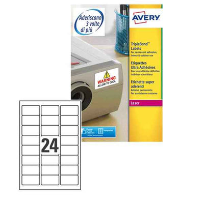 Etichette adesive extra strong L6141 - in poliestere - laser - permanenti - 63,5 x 33,9 mm - 24 et/fg - 20 fogli - bianco - Avery