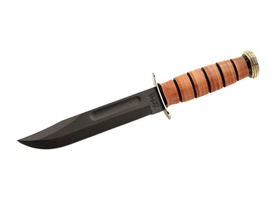 Ka-Bar USMC Presentation Grade 1215 lama 1095 Cro-Van 17,8 cm manico pelle guardia ottone placcato oro fodero cuoio - vista principale