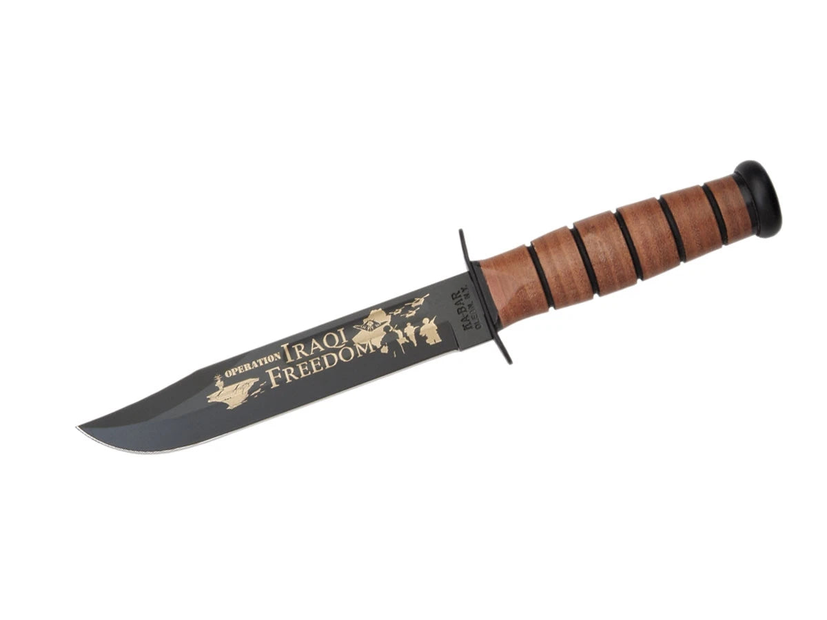 Ka-Bar 9128 USMC Iraqi Freedom lama 1095 Cro-Van 17,8 cm incisione storica manico pelle fodero cuoio commemorativo - vista principale