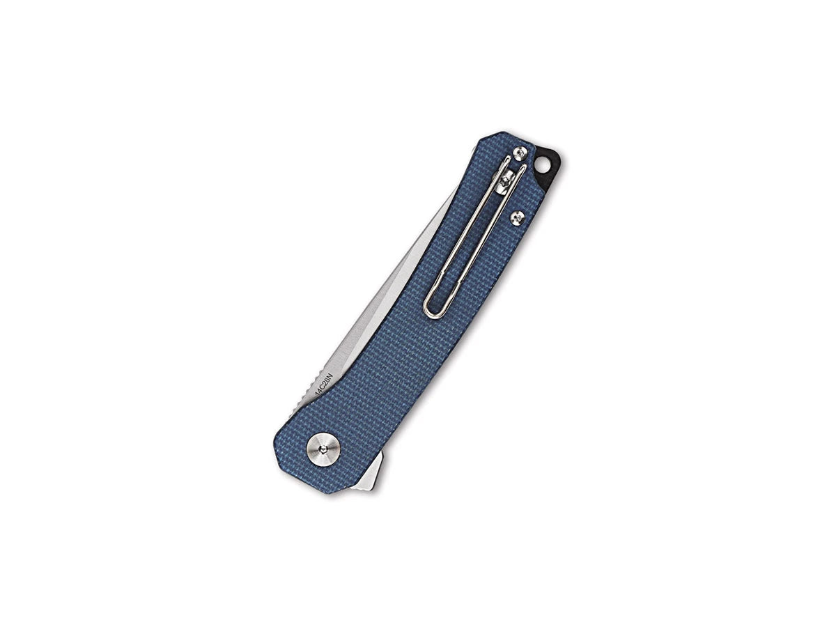 Vista manico micarta blu QSP Osprey con clip inox foro laccetto