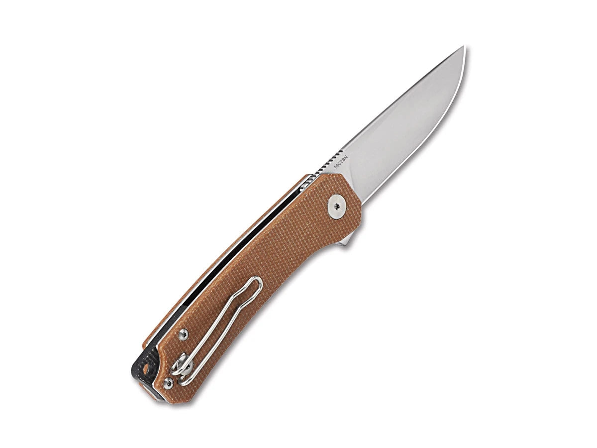 Dettaglio lama 14C28N satin QSP Osprey micarta marrone 8,2 cm