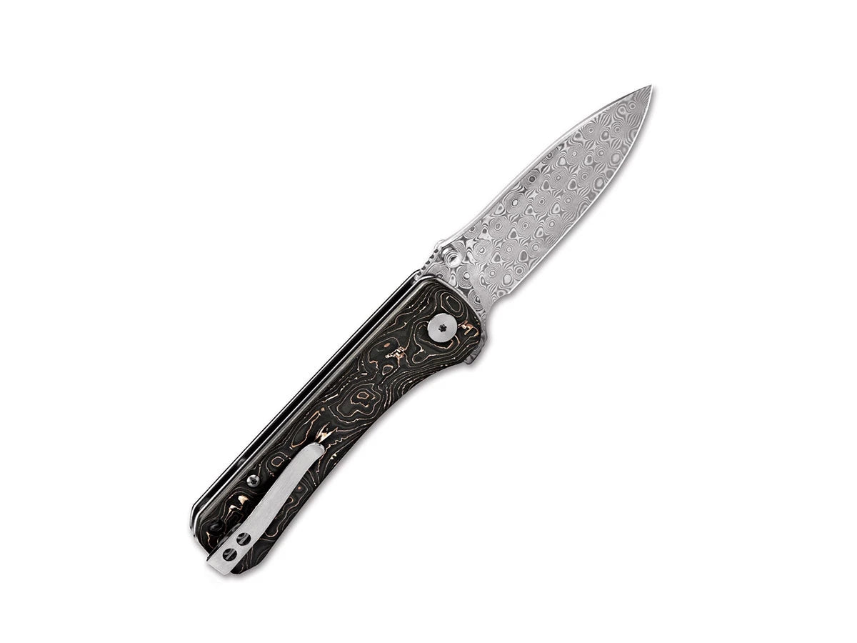 Dettaglio lama Damascus QSP Hawk CF rame foil 8,2 cm