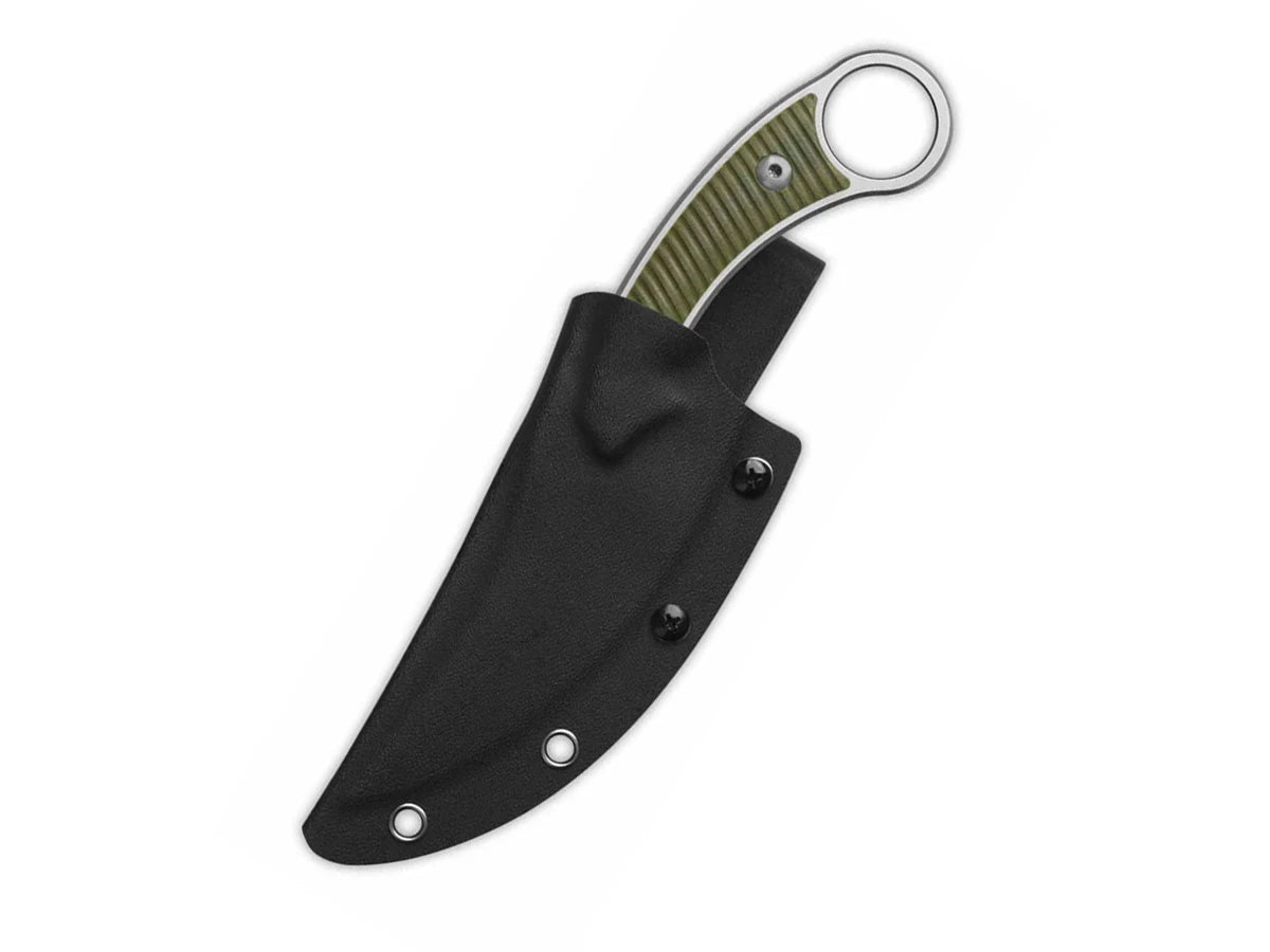 Dettaglio lama 10Cr15MoV QSP Viper G-10 verde OD 120 g fodero Kydex