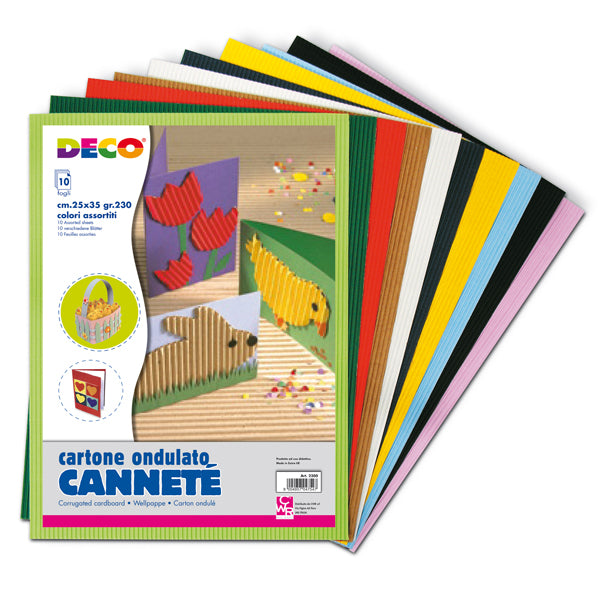 Cartoncino ondulato Cannetè 2200 - 25 x 35 cm - 230 gr - colori assortiti - DECO - conf. 10 fogli
