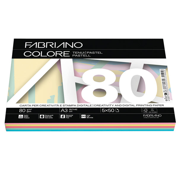 Carta Fabriano Colore - A3 - 80 gr - mix 5 colori tenui - Fabriano - conf. 250 fogli