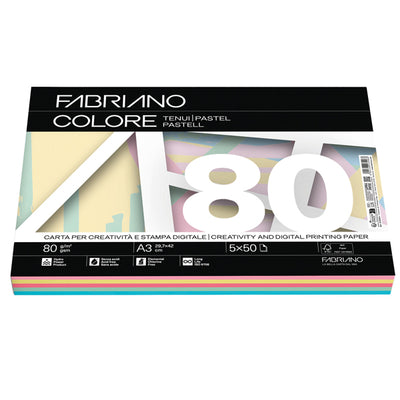 Carta Fabriano Colore - A3 - 80 gr - mix 5 colori tenui - Fabriano - conf. 250 fogli