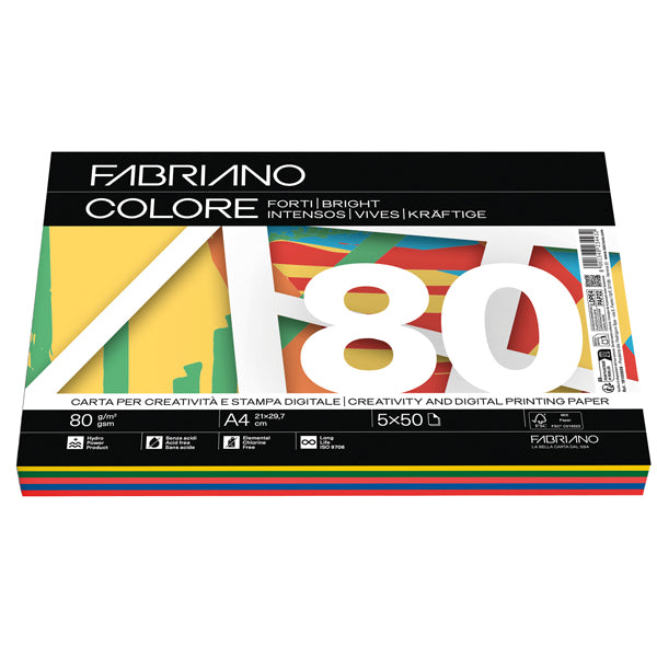 Carta Fabriano Colore - A4 - 80 gr - mix 5 colori forti - Fabriano - conf. 250 fogli