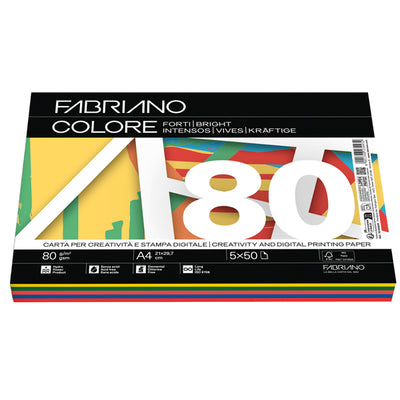 Carta Fabriano Colore - A4 - 80 gr - mix 5 colori forti - Fabriano - conf. 250 fogli