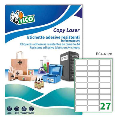 Etichette adesive PC4 - in poliestere - laser - permanenti - 61 x 286 mm - 27 et/fg - 100 fogli - trasparente - Tico